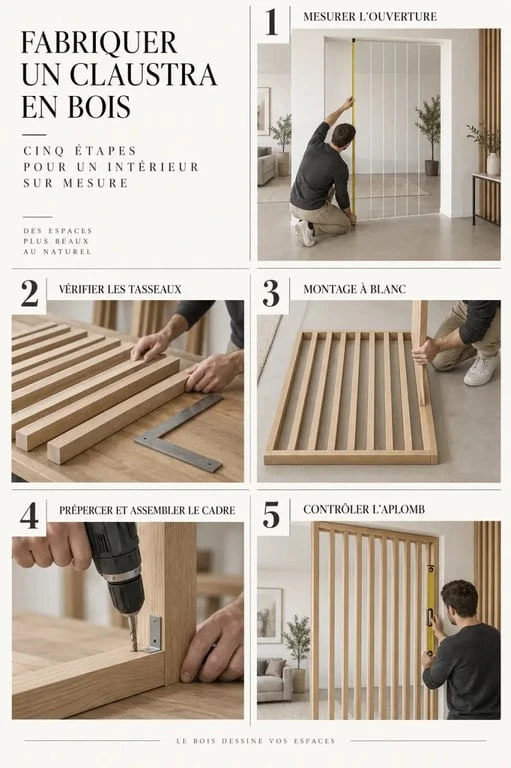 Étapes illustrées pour fabriquer un claustra bois intérieur