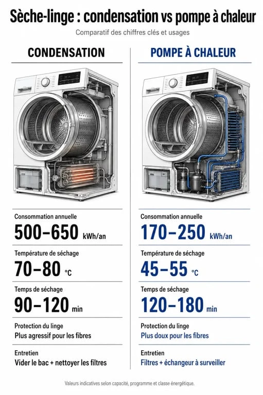 Comparatif sèche linge condensation et pompe a chaleur avec consommation, température et protection du linge