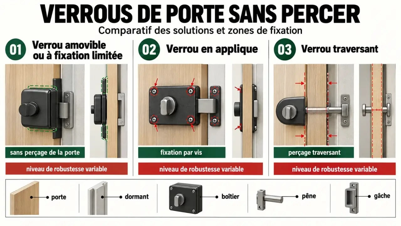 Infographie comparative sur le verrou porte sans percer et les différents modes de fixation