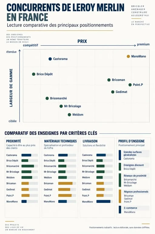 Infographie comparative des concurrents de Leroy Merlin selon le prix, la proximité, les matériaux et l'offre en ligne