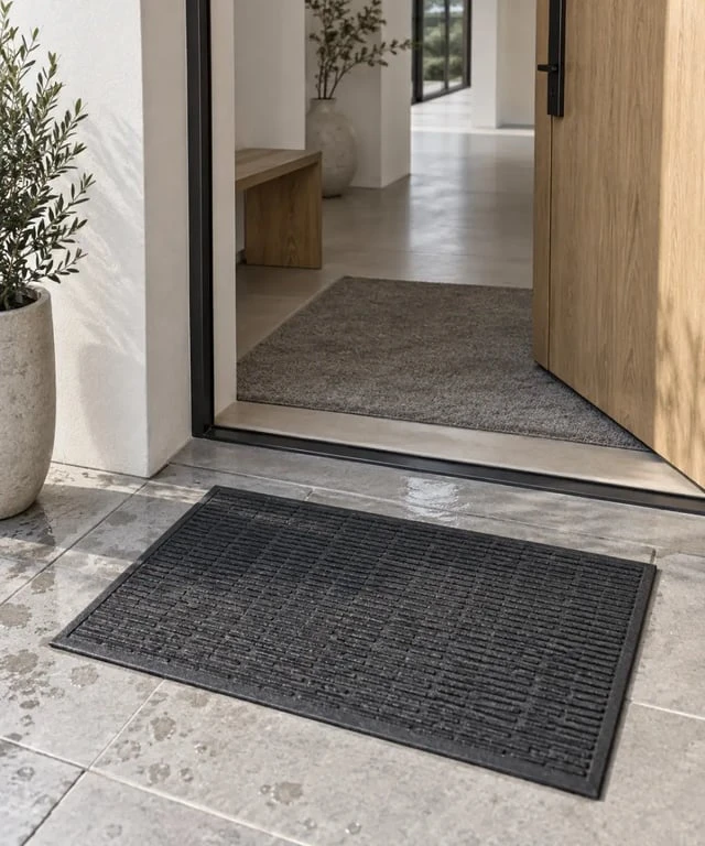 Entrée équipée d’un paillasson extérieur et d’un tapis intérieur