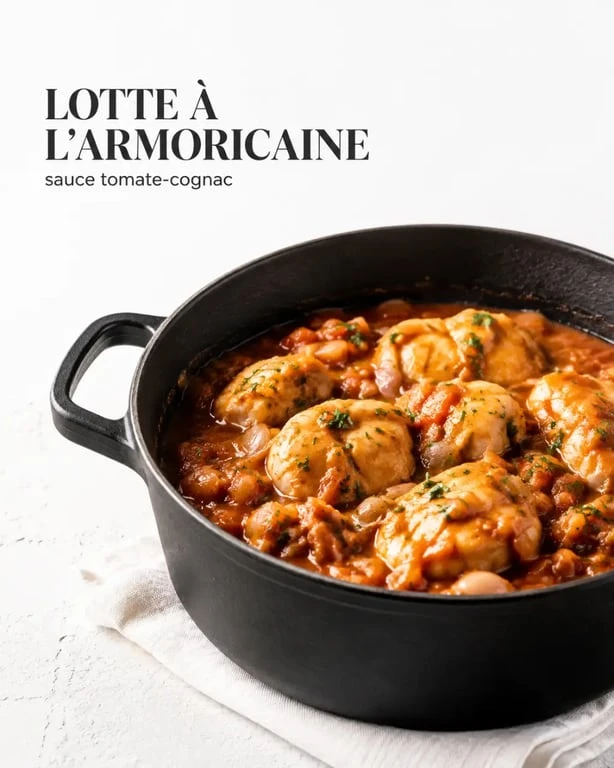 Lotte à l'armoricaine recette grand mere servie en cocotte avec sauce tomate-cognac et riz blanc