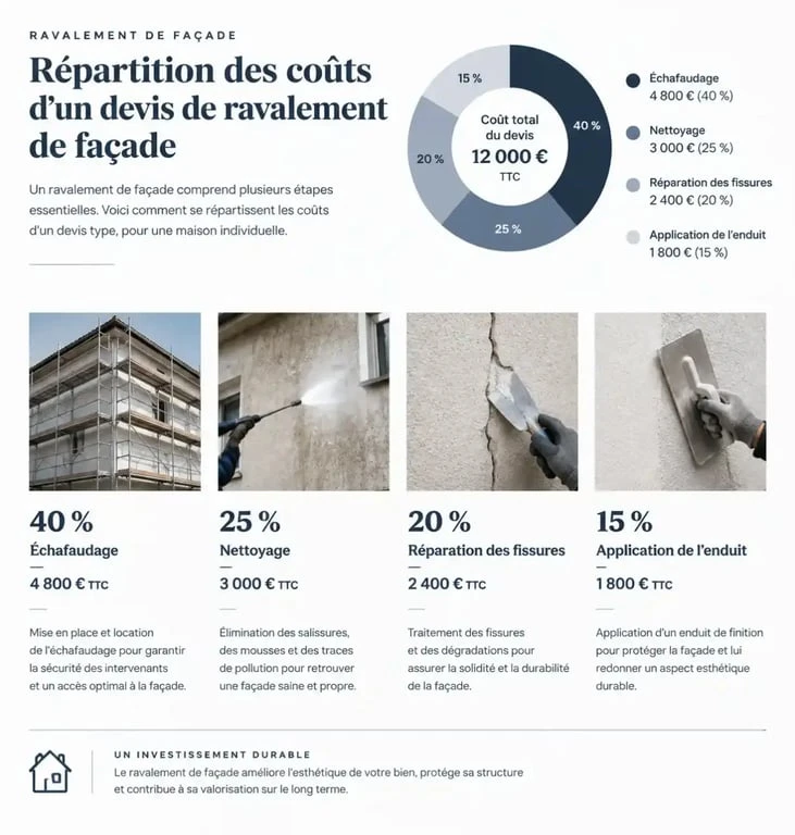 Répartition des postes de dépenses dans un devis de ravalement de façade