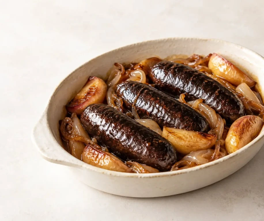 Boudins noirs au four avec pommes et oignons caramélisés