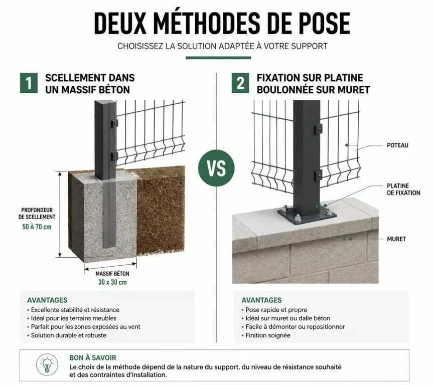 Comparaison des méthodes de pose : scellement béton et pose sur platine pour clôture rigide