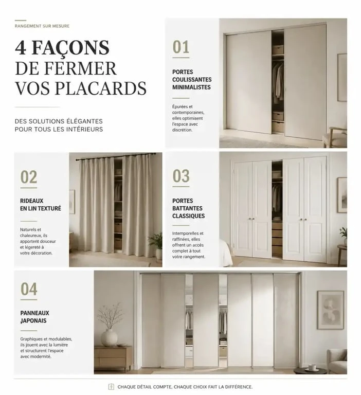 Différentes idées pour fermer un placard sans porte : portes coulissantes, rideaux, portes battantes et panneaux japonais.