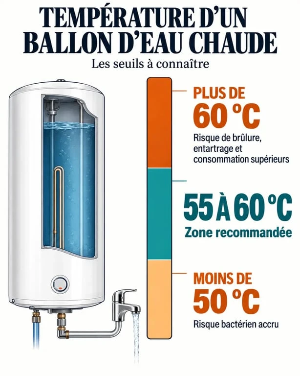 Réglage ballon eau chaude : infographie des températures recommandées et des risques