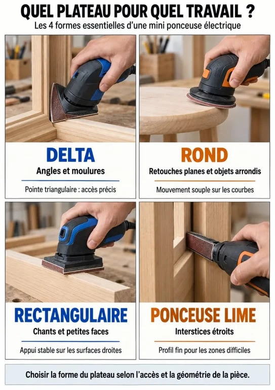 Infographie des formes de plateau d’une mini ponceuse électrique selon les zones à poncer