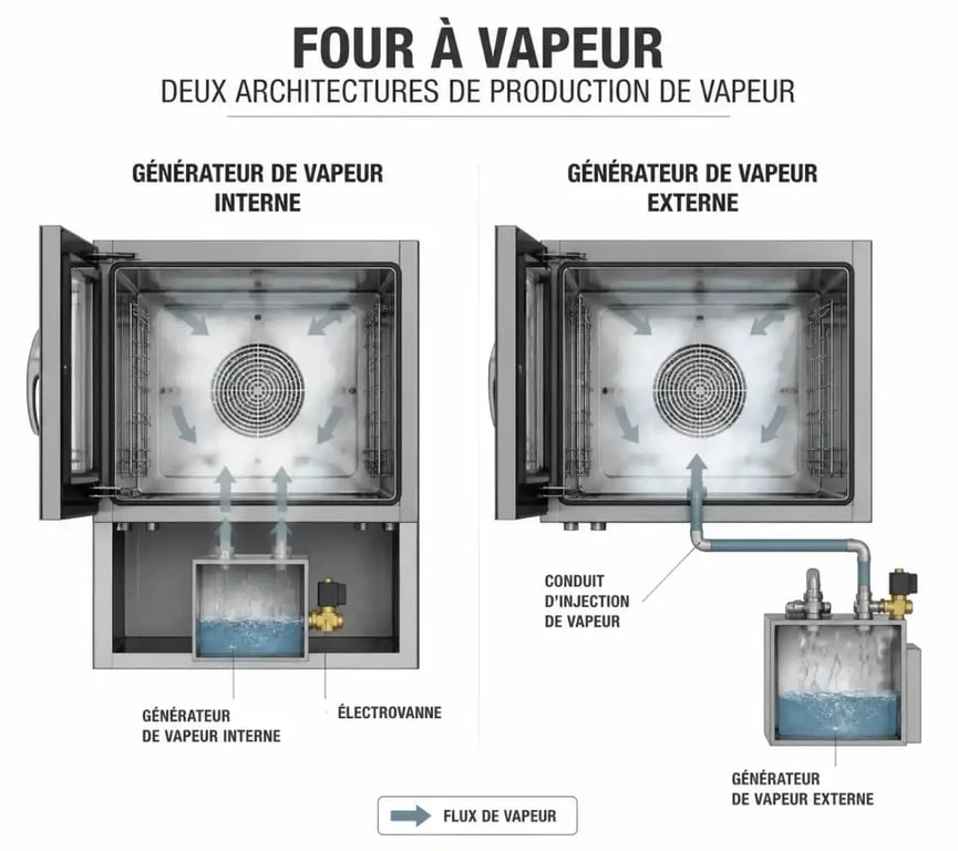 Schéma du fonctionnement d'un four à la vapeur avec générateur interne et externe