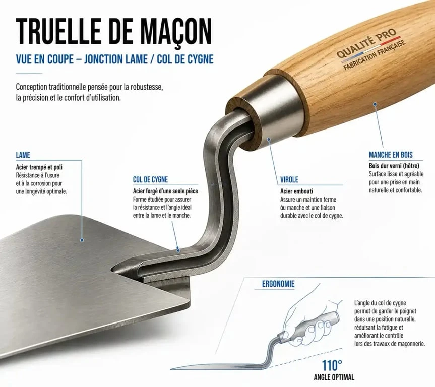 Détails ergonomiques d'une truelle de maçon : manche, virole et col de cygne