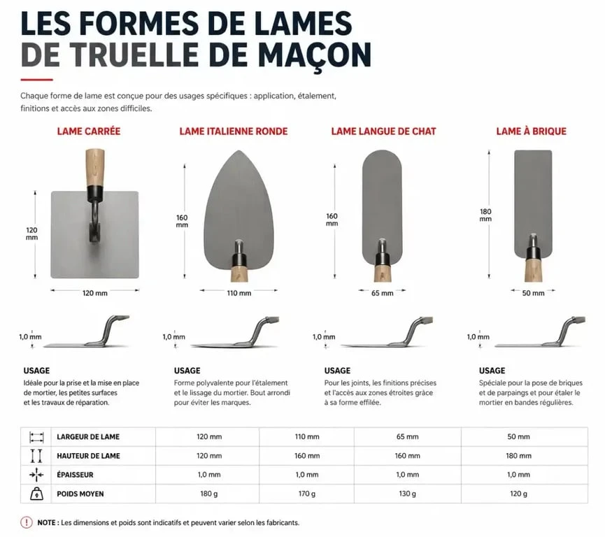 Schéma des différents types de lames de truelle de maçon pour le choix de l'outil adapté