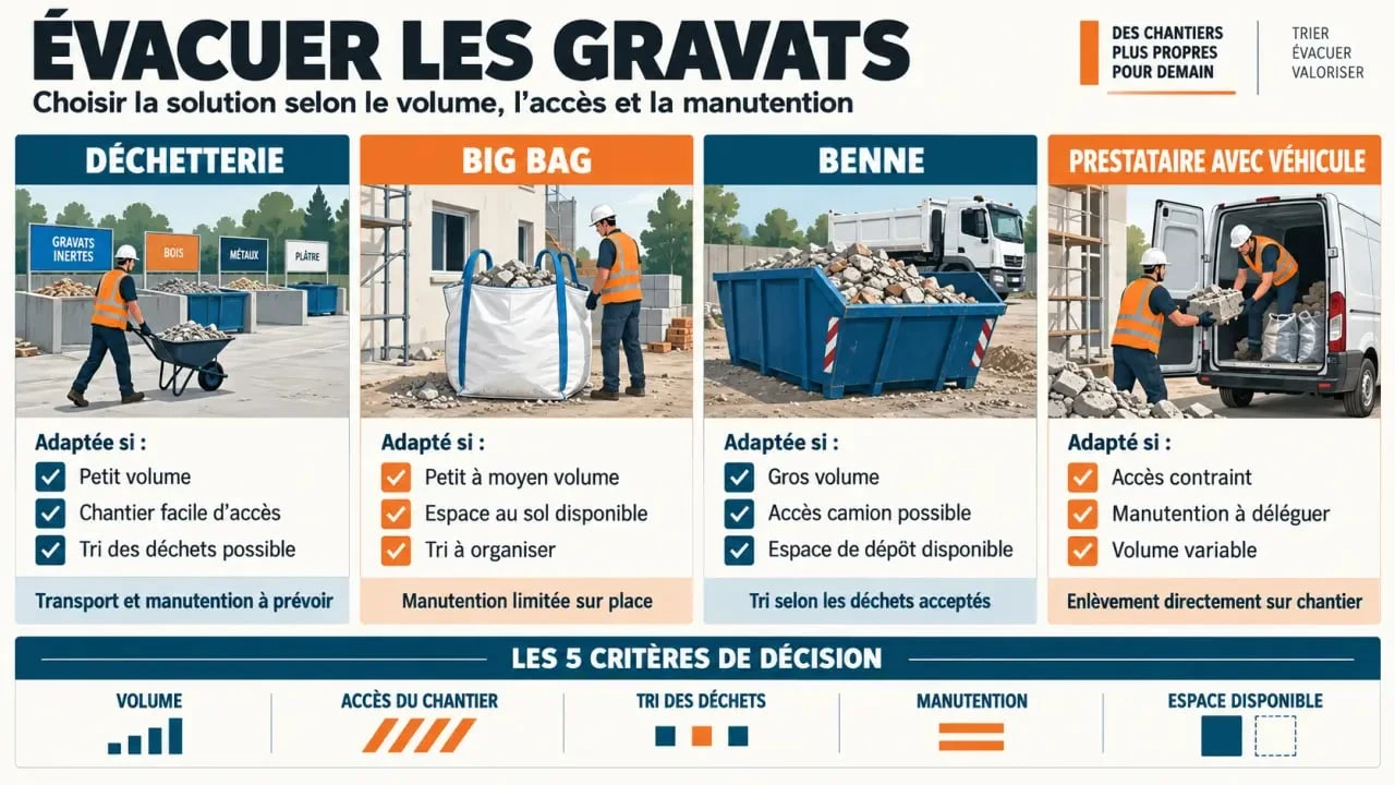 Infographie pour enlever les gravats avec comparaison de la déchetterie, du big bag, de la benne et du prestataire
