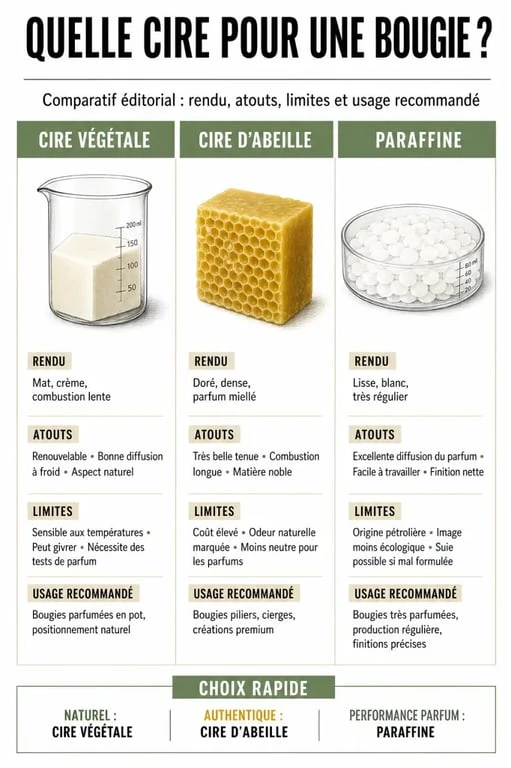 Fabriquer une bougie : comparaison visuelle entre cire végétale, cire d’abeille et paraffine