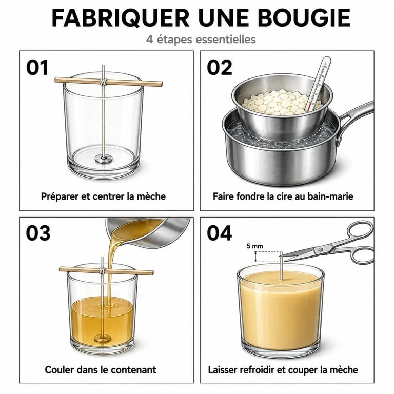 Fabriquer une bougie : étapes de préparation, fonte, coulage et refroidissement