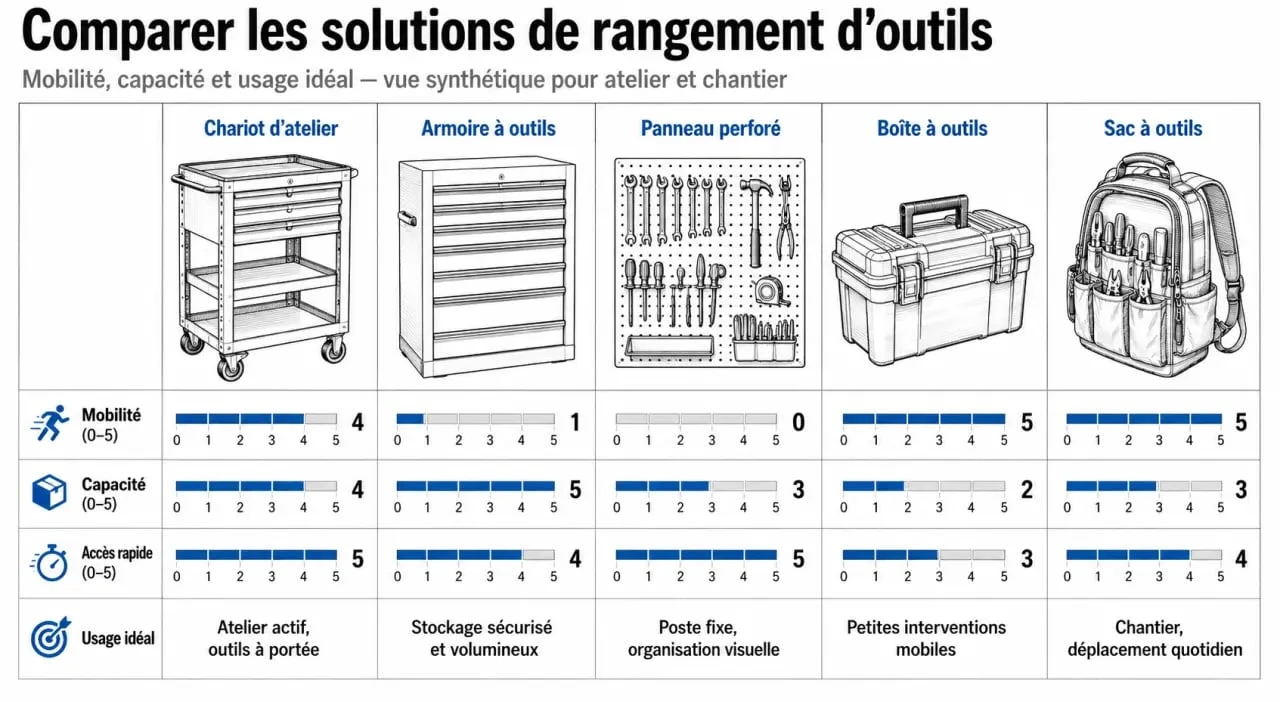 Comparatif des solutions de rangement outil : servante, armoire, panneau perforé, boîte et sac