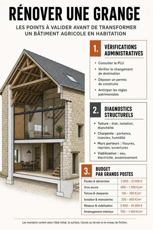 Rénover une grange : étapes clés, diagnostics et fourchettes de budget