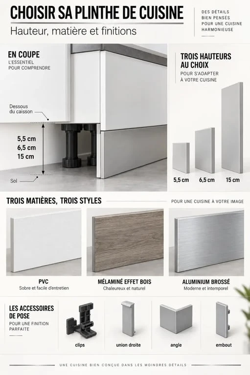 Infographie sur le choix d’une plinthe cuisine selon la hauteur, le matériau et les accessoires