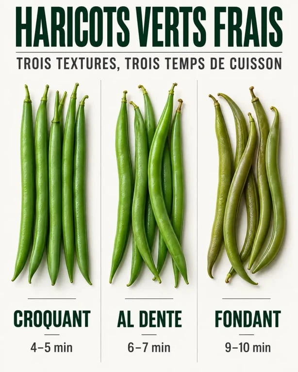 Cuisson haricot vert frais : progression de la texture du croquant au fondant