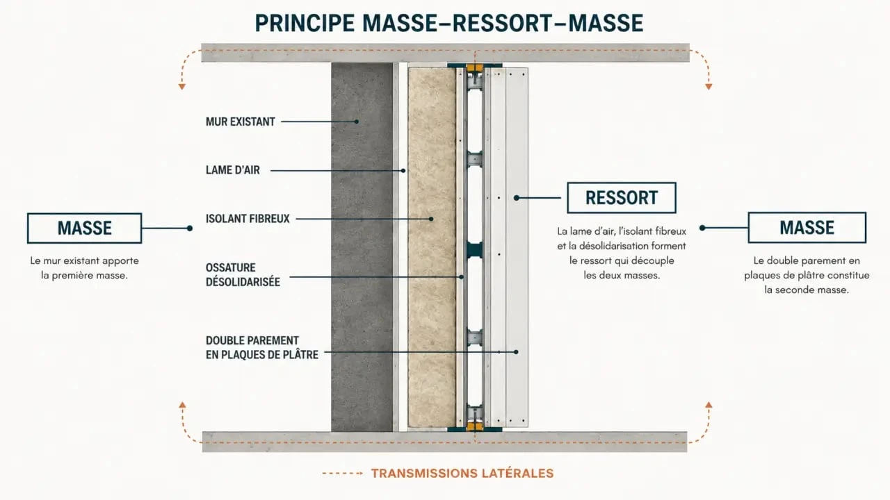 Schéma pour isoler acoustiquement un mur avec le principe masse-ressort-masse