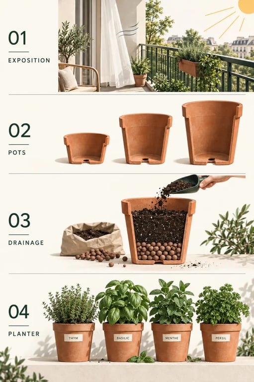 Illustration des étapes pour aménager un potager aromatique sur son balcon