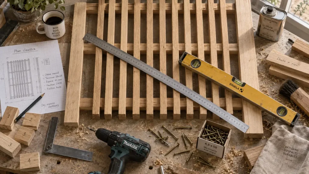 Fabriquer claustra bois : écartement et fixation, tasseaux et traverses en atelier