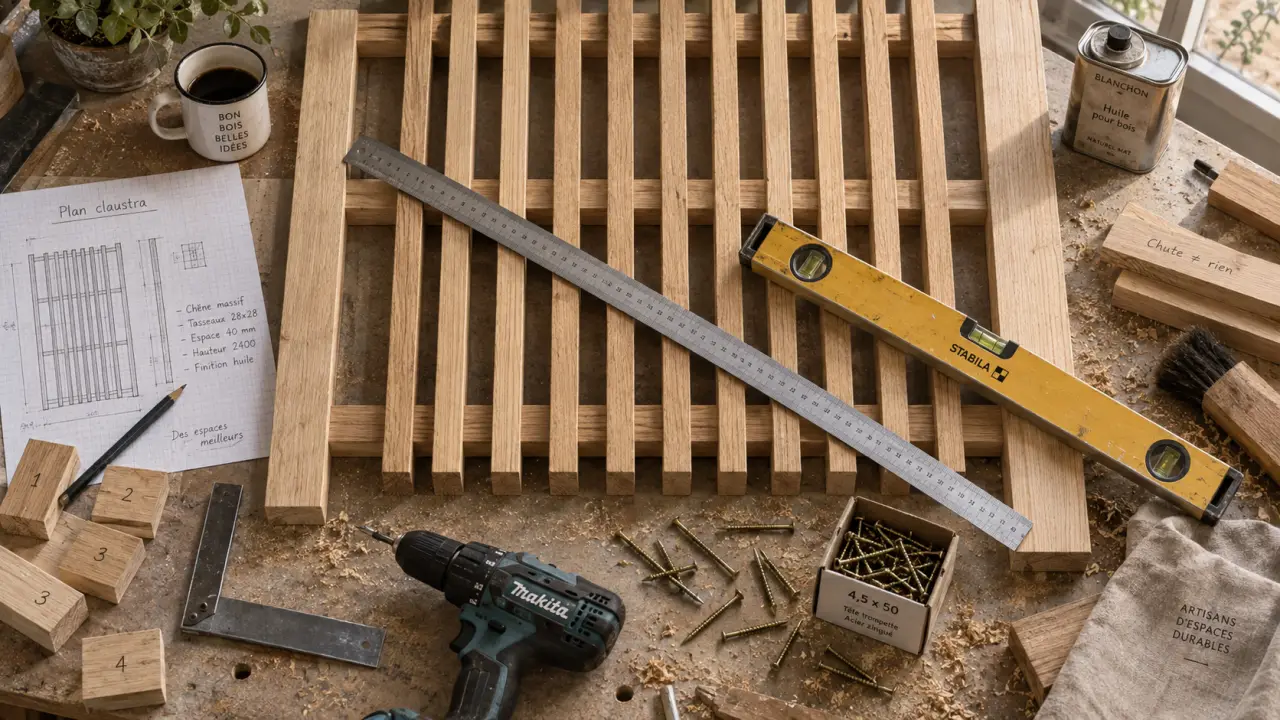 Fabriquer claustra bois : écartement et fixation, tasseaux et traverses en atelier