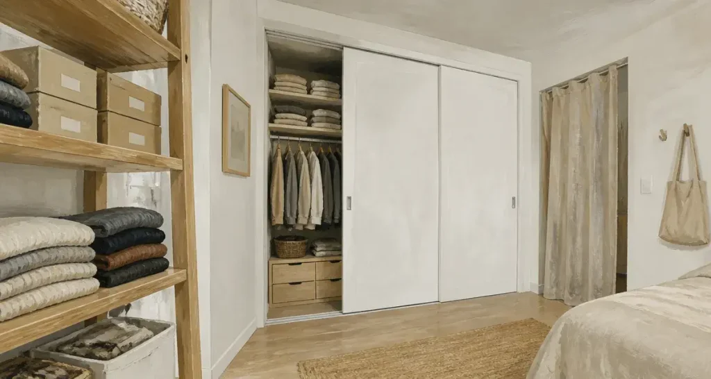 Idée pour fermer un placard sans porte : portes coulissantes blanches en placard