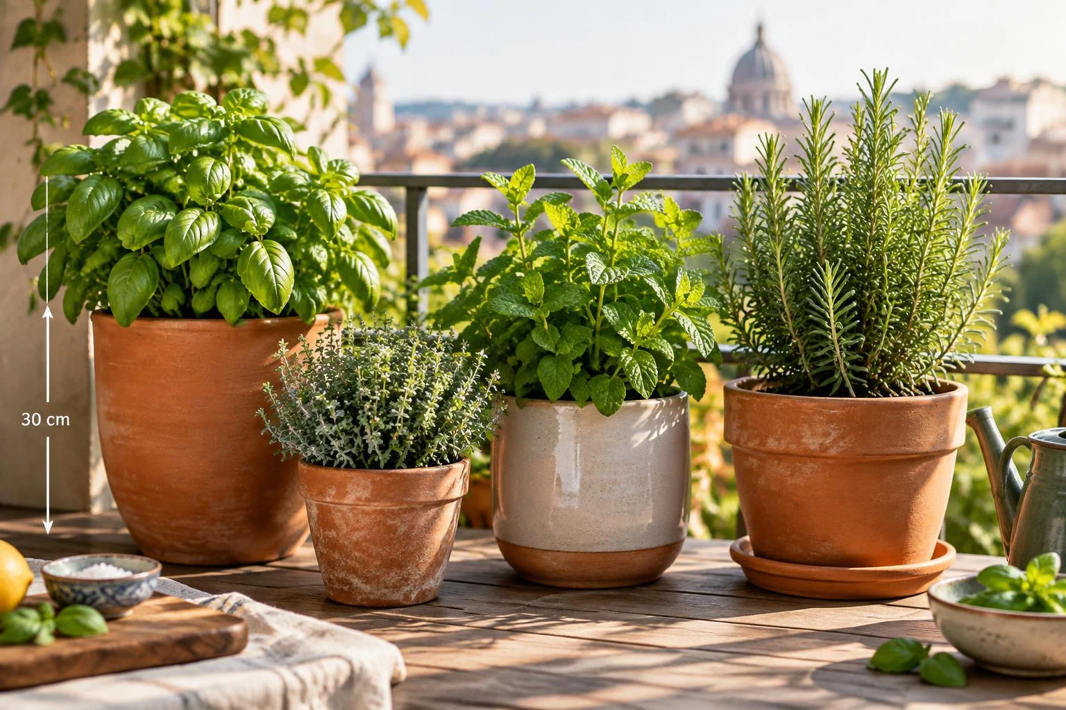 Potager aromatique sur balcon : pots de 30 cm