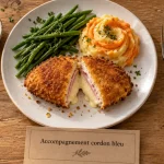 Accompagnements cordon bleu : légumes et féculents, assiette et sauce yaourt
