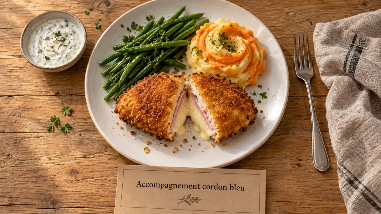 Accompagnements cordon bleu : légumes et féculents, assiette et sauce yaourt