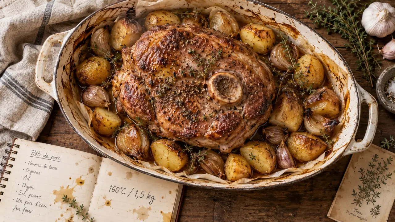 Cuisson au four rouelle de porc à 160°C, pommes de terre fondantes et jus rôti