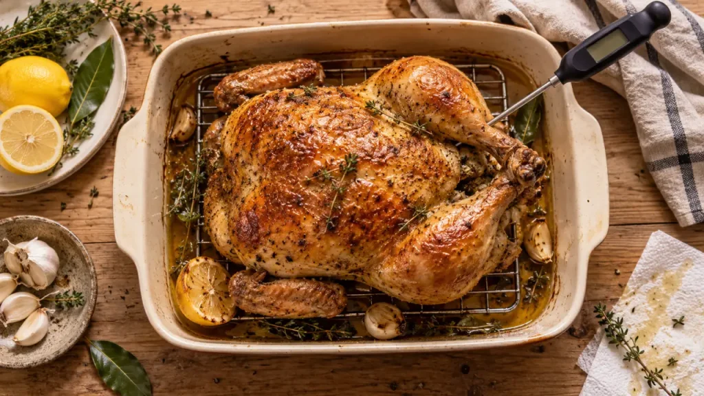 Cuisson poulet basse température à 150 °C : poulet doré, peau croustillante, sonde
