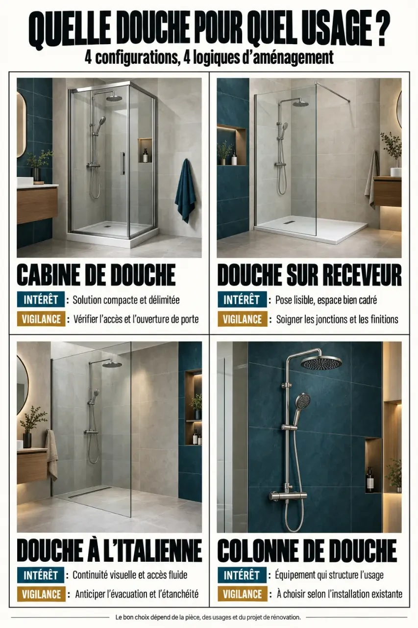 Comparatif des configurations de douche de salle de bain : cabine, receveur, douche à l’italienne et colonne