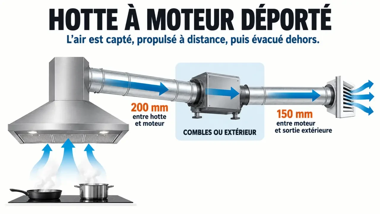 Schéma du fonctionnement d’une hotte moteur déporté avec conduits de 200 mm et 150 mm