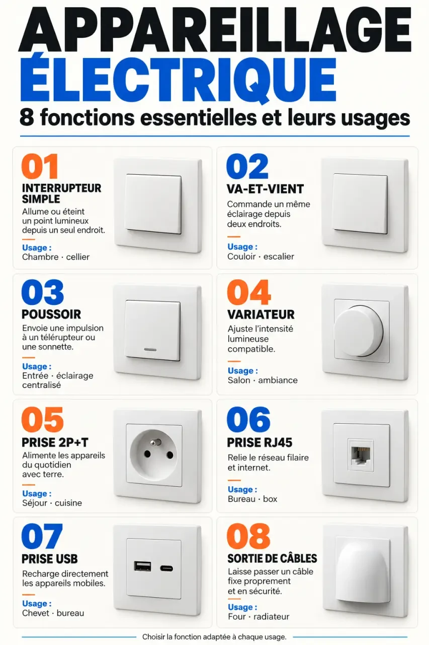 Infographie des fonctions d’un appareillage électrique : prises, interrupteurs, variateur et connexions