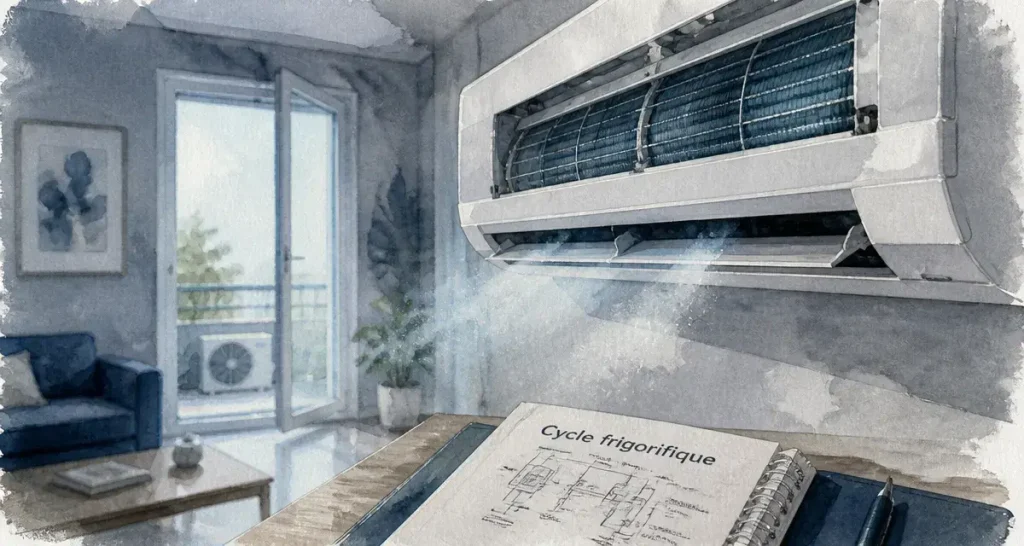 Fonctionnement climatisation : cycle 4 étapes, air frais du split mural