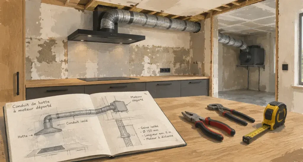 Hotte moteur deporte : gaine d’évacuation en rénovation, chantier cuisine