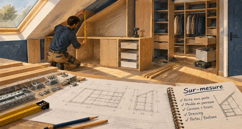 Meubles sur mesure : artisan vérifie les dimensions avant montage