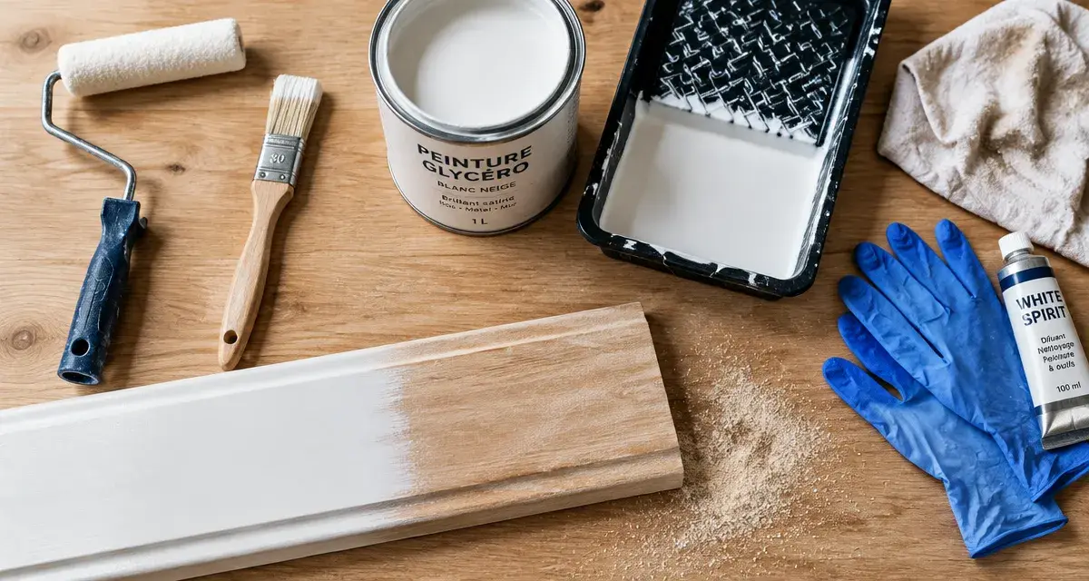 Peinture glycero blanche sur bois poncé, rouleau et pinceau en préparation