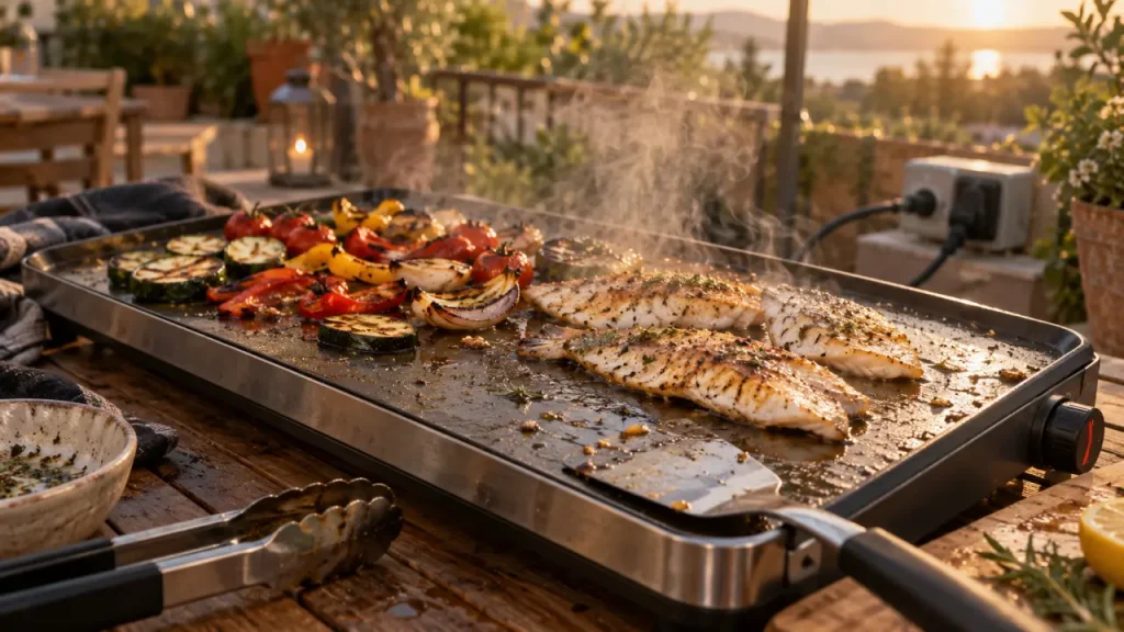 Plancha exterieur électrique sur terrasse bois
