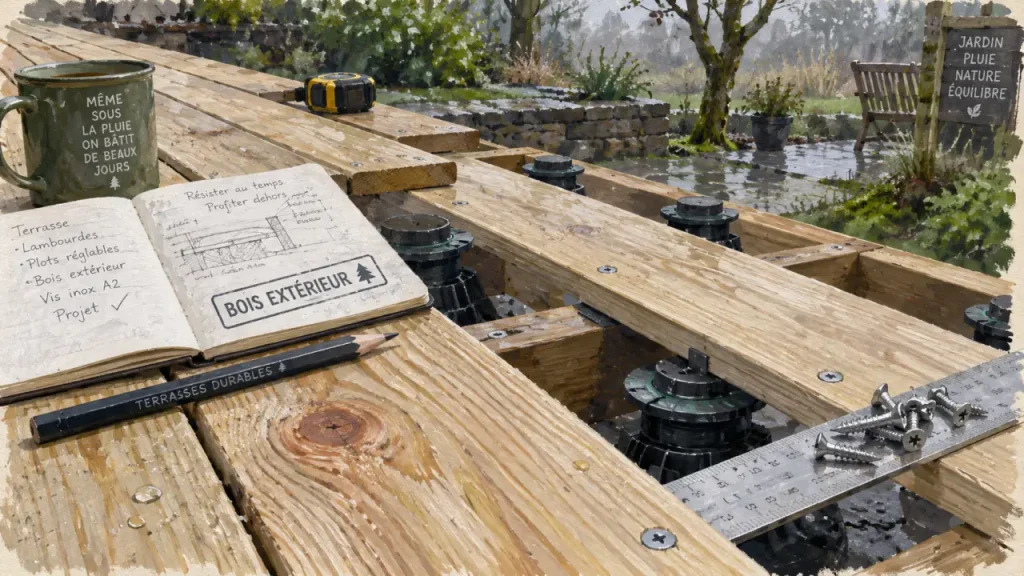 Terrasse plancher bois : lames sur lambourdes et plots réglables
